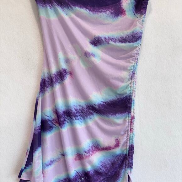 Blanc Clothing Tie Dye Asymmetrical Bodycon Mini Dress Purple Blue Pink Y2K S - Picture 7 of 8